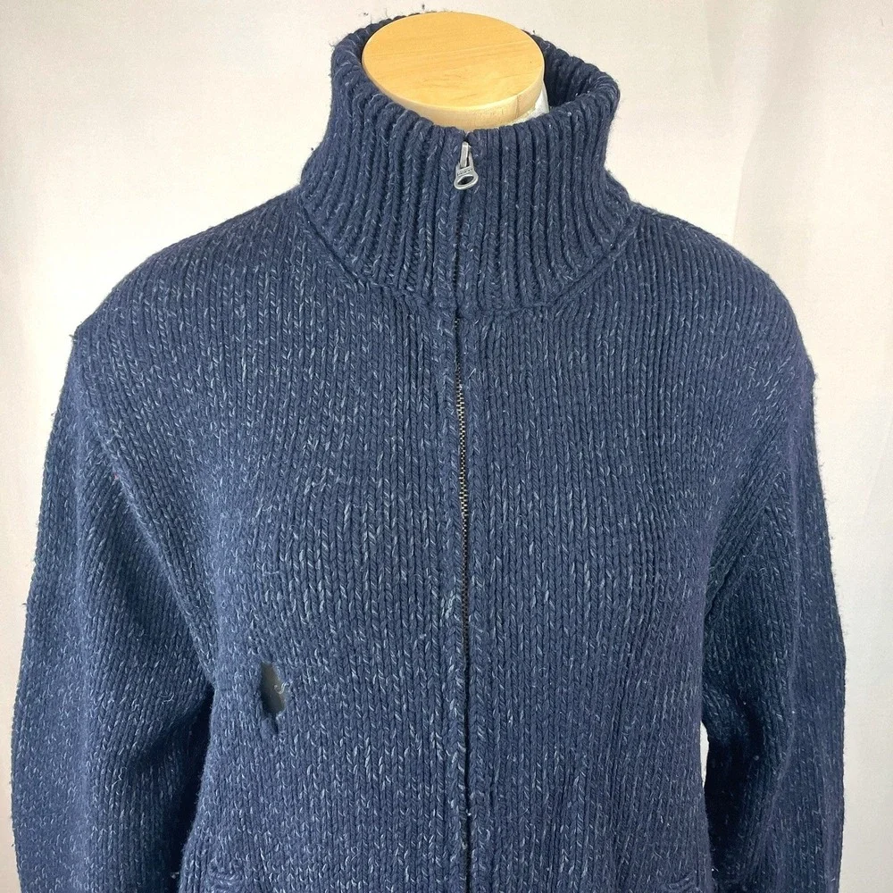 VTG 80s Mens (L) POLO Cardigan Sweater Blue Zip Pockets Grandpa Indie Distressed